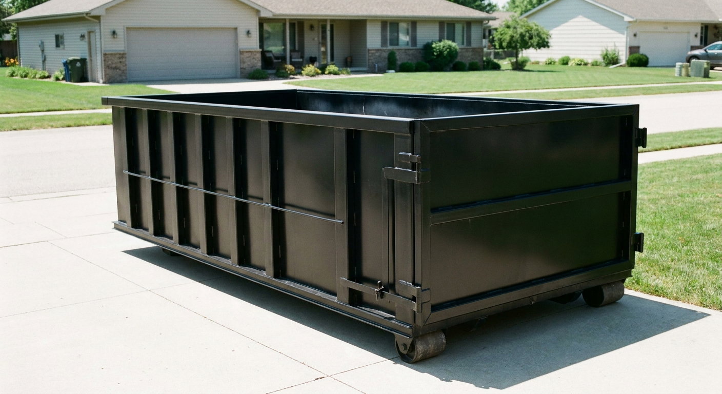 Matte-black 10-yard roll-off dumpster on a residential concrete driveway in Loveland, uniformly painted matte black across every panel and rail, ribbed steel sidewalls and rear swing door visible, mid-day daylight.