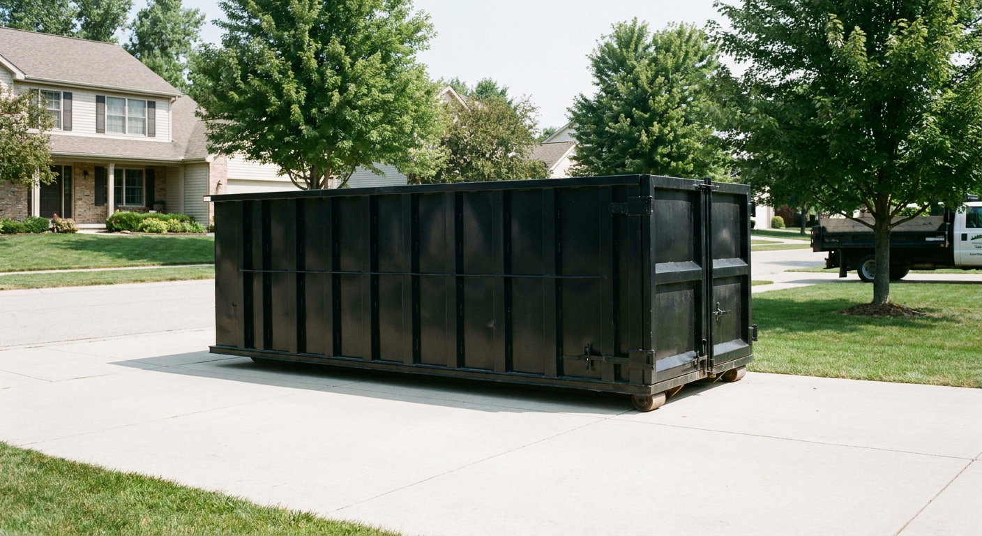 Matte-black 20-yard roll-off dumpster sitting level on a clean Loveland residential concrete driveway under bright daylight, demonstrating clean placement directly on the concrete.