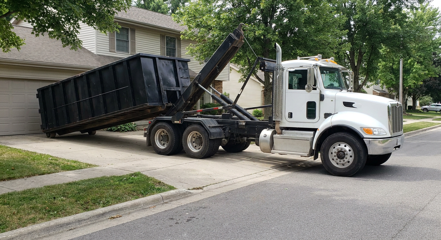 White-cab hooklift roll-off truck actively lowering a matte-black dumpster onto a Loveland residential concrete driveway, the dumpster's rear wheels touching the driveway as the hoist arm tilts the bed forward, mid-morning daylight.