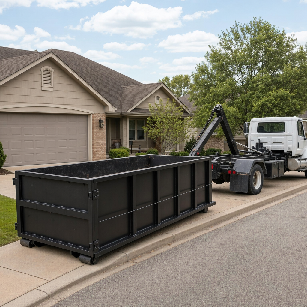 Wide documentary shot of a matte-black roll-off dumpster on a Loveland residential driveway in the foreground and a contractor jobsite container in the soft-focus background, bright daylight, calm and orderly composition.