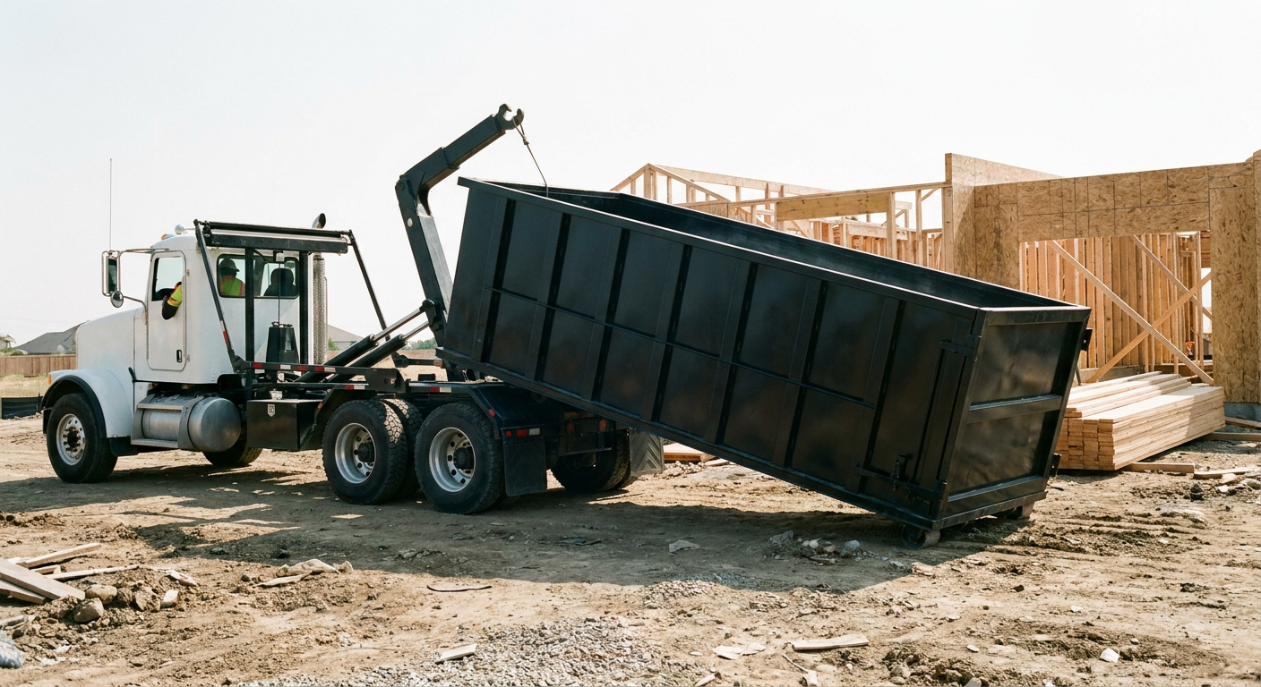 Matte-black roll-off dumpster being delivered onto a clean residential concrete driveway in Loveland by an unmarked white hooklift hauler truck, bright morning daylight, documentary 35mm perspective.