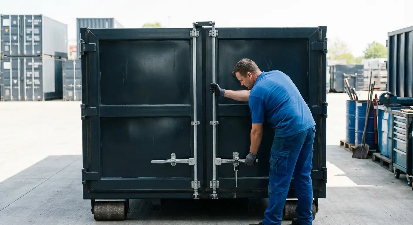 Dumpster walk-in loading door open showing easy access in Loveland, CO