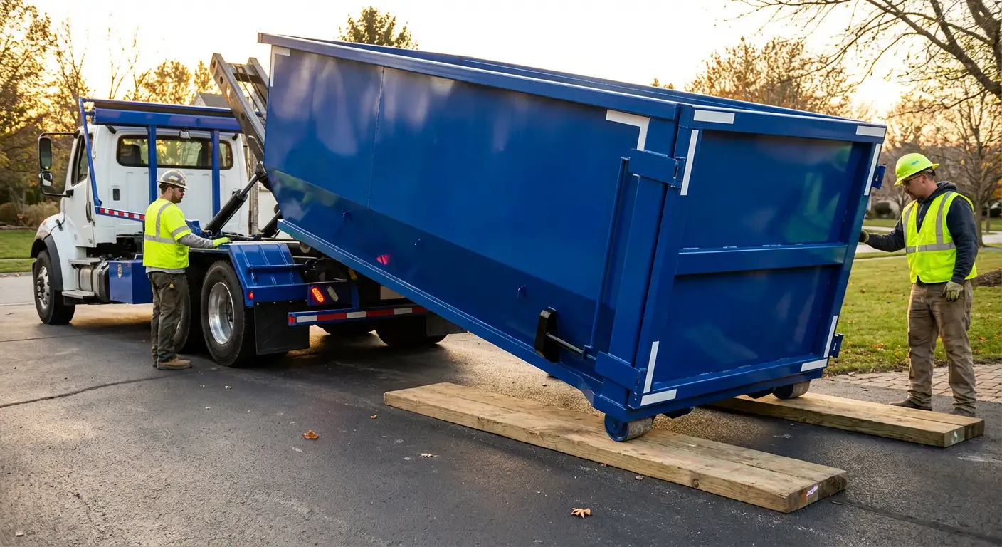 Dumpster delivery on driveway in Loveland, CO