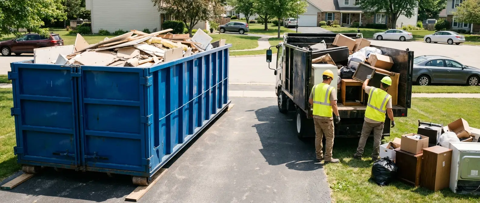 Dumpster rental versus junk removal service comparison showing capacity differences in Loveland, CO